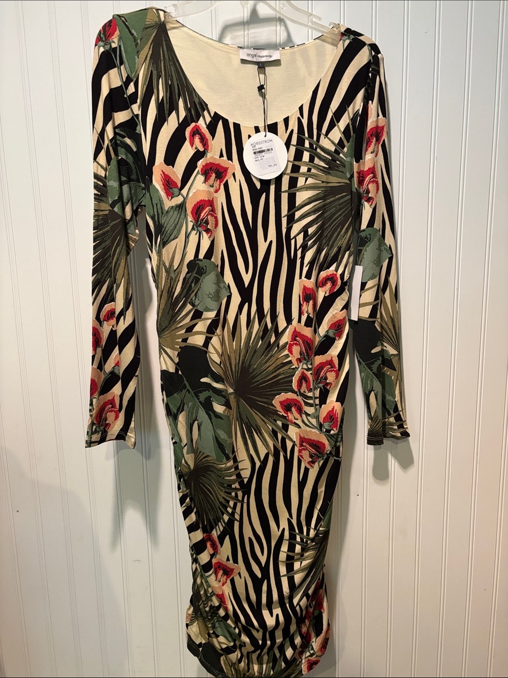 NWT Angel Maternity B/W Zebra Print with Tropical Floral Pattern Dress Size L